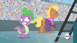 Size: 576x324 | Tagged: safe, screencap, ms. harshwhinny, spike, dragon, equestria games (episode), all new, animated, equestria games, hub logo, hubble, ladder, the hub