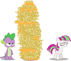 Size: 1136x982 | Tagged: safe, artist:punzil504, blossomforth, spike, dragon, age regression, courage the cowardly dog, fanfic art, filly, filly blossomforth, macaroni and cheese, parody, simple background, transparent background, vector
