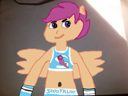 Size: 800x600 | Tagged: safe, artist:shafty817, scootaloo, fighting is magic, equestria girls, 1000 hours in ms paint, belly button, boxing, boxing bra, boxing shorts, clothes, eared humanization, exeron fighters, fight, humanized, midriff, ms paint, ponied up, scootaloo dash, shorts, sports bra