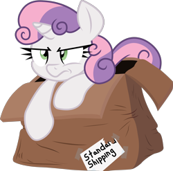 Size: 5000x4931 | Tagged: safe, artist:craftybrony, artist:dfectivedvice, sweetie belle, absurd resolution, cardboard box, colored, package, simple background, solo, transparent background, unamused, vector