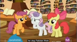 Size: 851x467 | Tagged: safe, screencap, apple bloom, scootaloo, sweetie belle, twilight time, hub logo, meme, pakistan, youtube caption