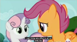 Size: 846x467 | Tagged: safe, screencap, scootaloo, sweetie belle, twilight time, hub logo, meme, youtube caption