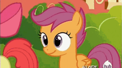Size: 576x324 | Tagged: safe, screencap, apple bloom, scootaloo, twilight time, animated, cute, cutealoo, flapping, fluttering, hub logo, hubble, loop, the hub