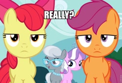 Size: 768x522 | Tagged: safe, edit, edited screencap, screencap, apple bloom, diamond tiara, scootaloo, silver spoon, twilight time, image macro, meme