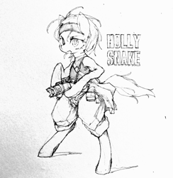 Size: 1001x1024 | Tagged: safe, artist:toki, oc, oc only, oc:holly snake, pony, bipedal, monochrome, pixiv, solo