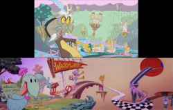 Size: 1143x732 | Tagged: safe, discord, dodo, chaos, chocolate rain, comparison, gogo dodo, ponyville, tiny toon adventures, wackyland