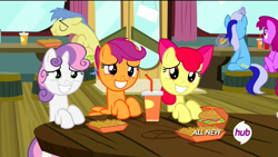 Size: 1920x1080 | Tagged: safe, screencap, apple bloom, berry punch, berryshine, goldengrape, minuette, scootaloo, sir colton vines iii, sweetie belle, twilight time, cutie mark crusaders, fast food, hay burger, hub logo, magic, restaurant, table