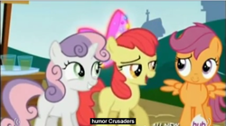 Size: 851x473 | Tagged: safe, screencap, apple bloom, scootaloo, sweetie belle, twilight time, hub logo, meme, youtube caption