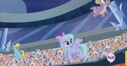 Size: 1920x1009 | Tagged: safe, screencap, flitter, helia, spike, dragon, equestria games (episode), equestria games, hub logo, ice, stadium, trampoline