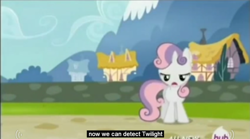 Size: 848x470 | Tagged: safe, screencap, sweetie belle, pony, unicorn, twilight time, d:, female, filly, frown, hub logo, lidded eyes, meme, open mouth, solo, unamused, youtube caption