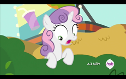 Size: 1680x1050 | Tagged: safe, screencap, sweetie belle, pony, unicorn, twilight time, black bars, bush, bushicorn, female, filly, hub logo, looking down, shock, solo