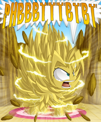 Size: 1000x1200 | Tagged: safe, artist:berrypawnch, oc, oc only, oc:fluffle puff, dragon ball z, raspberry noise, solo, static, static electricity, super saiyan, this will end in pbbt, xk-class end-of-the-world scenario