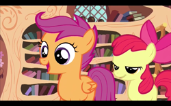 Size: 1680x1050 | Tagged: safe, screencap, apple bloom, scootaloo, twilight time, black bars, hub logo, out of context