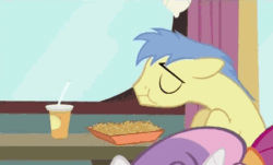 Size: 451x273 | Tagged: safe, screencap, goldengrape, scootaloo, sir colton vines iii, sweetie belle, twilight time, animated, background characters doing background things, drink, eating, food, forever alone, hay burger, hay fries, hub logo, hubble, lonely, meme, table, the hub