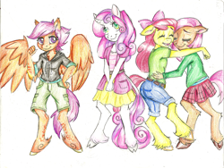 Size: 3298x2474 | Tagged: safe, artist:coraline-176, apple bloom, babs seed, scootaloo, sweetie belle, anthro, classical unicorn, unguligrade anthro, clothes, cloven hooves, cutie mark crusaders, equestria girls outfit, leonine tail, traditional art, unshorn fetlocks