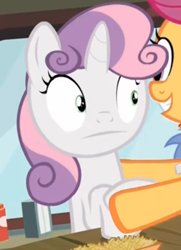 Size: 349x481 | Tagged: safe, screencap, goldengrape, scootaloo, sir colton vines iii, sweetie belle, twilight time, :, cropped, faic, poker face, reaction image