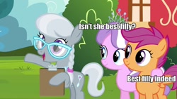 Size: 960x540 | Tagged: safe, edit, edited screencap, screencap, diamond tiara, scootaloo, silver spoon, crusaders of the lost mark, animation error, best filly, clipboard, image macro, inner thigh cutie mark, meme