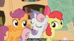 Size: 848x468 | Tagged: safe, screencap, apple bloom, scootaloo, sweetie belle, twilight time, hub logo, meme, youtube caption