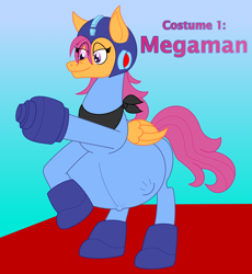 Size: 2300x2500 | Tagged: safe, artist:slimeyjenkins, scootaloo, ask the scootattorney, belly, clothes, costume, crossover, megaman, nightmare night, pregnant, solo