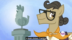 Size: 1280x719 | Tagged: safe, edit, edited screencap, screencap, pony, trade ya, antique chicken, chicken stand pony, hub logo, match game, meme, solo, youtube caption