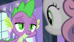 Size: 968x548 | Tagged: safe, screencap, spike, sweetie belle, dragon, equestria games (episode), lidded eyes, out of context