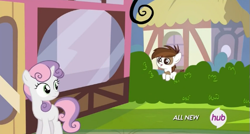 Size: 571x307 | Tagged: safe, screencap, pipsqueak, sweetie belle, earth pony, pony, twilight time, colt, hub logo, male