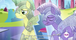 Size: 1535x812 | Tagged: safe, screencap, crystal pony, pony, equestria games (episode), armor, crystal guard, crystal guard armor, guard, hub logo, meme, youtube caption