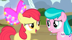 Size: 1071x591 | Tagged: safe, screencap, apple bloom, aquamarine, earth pony, pony, twilight time, apple bloom's bow, bedazzled, bow, duo, female, filly, foal, hair bow, open mouth, ribbon