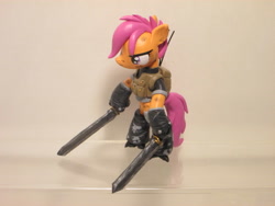 Size: 4608x3456 | Tagged: safe, artist:earthenpony, artist:ncmares, scootaloo, cyborg, pegasus, pony, fanfic:night mares, absurd resolution, bipedal, craft, fanfic, fanfic art, female, filly, hooves, irl, photo, sculpture, solo, sword, weapon, wings