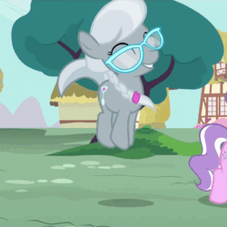 Size: 1080x1080 | Tagged: safe, screencap, diamond tiara, silver spoon, earth pony, pony, twilight time, adorabullies, animated, cute, duo, eyes closed, female, filly, foal, happy, jumping, offscreen character, open mouth, open smile, pronking, silverbetes, smiling, solo focus, talking