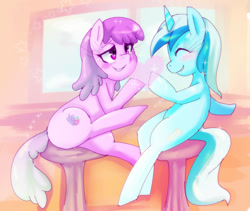 Size: 1000x843 | Tagged: safe, artist:girlieginger, berry punch, berryshine, minuette, berrygate, eyelashes, eyes closed, female, grin, happy, heart, lesbian, sitting, smiling, sparkles, stool