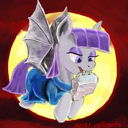 Size: 1444x1444 | Tagged: safe, artist:hereticalrants, maud pie, bat pony, pony, biting, fangs, flying, maudbat, moon, race swap, rock, solo, spread wings