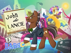 Size: 1600x1200 | Tagged: safe, artist:milktea-art, artist:surgicalarts, discord, oc, oc:golden gates, 2015, babscon, babscon mascots, convention, john de lancie, poster, professor lancie