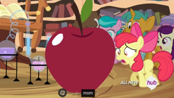 Size: 1440x810 | Tagged: safe, edit, screencap, apple bloom, aquamarine, boysenberry, snails, snips, strike, super funk, earth pony, pony, unicorn, twilight time, apple, colt, female, filly, hilarious in hindsight, hub logo, male, meme, mom, text, youtube caption