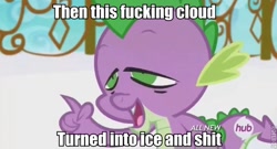 Size: 602x326 | Tagged: safe, edit, edited screencap, screencap, spike, dragon, equestria games (episode), caption, hub logo, image macro, meme, solo, stoned, stoner spike, vulgar