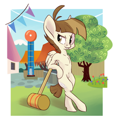 Size: 1000x1100 | Tagged: safe, artist:postscripting, featherweight, pony, bell, belly button, bipedal, fair, mallet, solo, tree