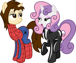 Size: 8967x7500 | Tagged: safe, artist:mactavish1996, artist:zoevulpez, sweetie belle, absurd resolution, adult, bedroom eyes, catsuit, clothes, crossover, eye contact, future, open mouth, peter parker, ponified, raised hoof, raised leg, simple background, smiling, spider-man, spiders and magic iii: days of friendship past, spiders and magic: rise of spider-mane, suit, transparent background, vector