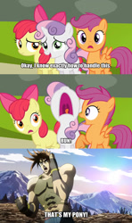 Size: 720x1215 | Tagged: safe, screencap, apple bloom, scootaloo, sweetie belle, twilight time, battle tendency, caption, jojo's bizarre adventure, joseph joestar, nigerundayo, running, that's my pony, that's my x