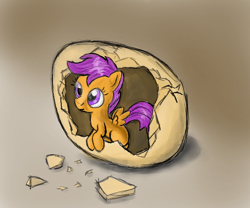 Size: 600x500 | Tagged: safe, artist:manfartwish, scootaloo, cute, cutealoo, egg, filly, hatching, hatchling, scootachicken, solo