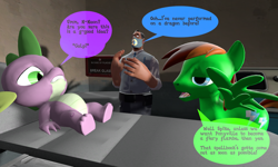 Size: 1024x614 | Tagged: safe, artist:dragonboi471, spike, oc, oc:neon streak, dragon, inspiration manifestation, 3d, bibliovore, gmod, medic, team fortress 2