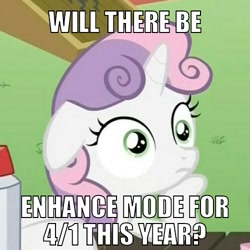 Size: 500x500 | Tagged: safe, edit, edited screencap, screencap, sweetie belle, pony, unicorn, ponyville confidential, cropped, enhanced mode, female, filly, floppy ears, hoof on chin, horn, image macro, meme, solo, sudden clarity sweetie belle, text, two toned mane, white coat, wide eyes