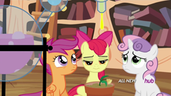 Size: 1920x1080 | Tagged: safe, screencap, apple bloom, scootaloo, sweetie belle, twilight time, hub logo