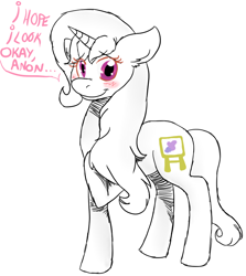 Size: 708x795 | Tagged: artist needed, safe, oc, oc only, oc:blank canvas, pony, unicorn, blushing, female, loose hair, mare, solo