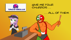 Size: 1920x1080 | Tagged: safe, sweetie belle, equestria girls, churros, el burro del churro, fast food, luchador, pun, taco bell, taco belle