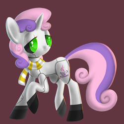 Size: 1024x1024 | Tagged: safe, artist:moon petals, sweetie belle, sweetie bot, pony, robot, robot pony, unicorn, clothes, cutie mark, female, filly, foal, hooves, horn, java (language), raised hoof, scarf, simple background, solo