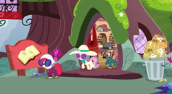 Size: 693x381 | Tagged: safe, screencap, apple bloom, scootaloo, sweetie belle, twilight time, clothes, costume, cutie mark crusaders, disguise, door, glasses, golden oaks library, library, nachos, sunglasses, trash can