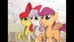 Size: 1024x576 | Tagged: safe, artist:thefriendlyelephant, apple bloom, scootaloo, sweetie belle, cutie mark crusaders, determined, traditional art, tree