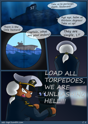 Size: 1228x1736 | Tagged: safe, artist:wonkysole, oc, oc only, comic, crosshair, dialogue, german, legends of equestria, military, navy, periscope, submarine, war