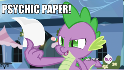 Size: 1920x1080 | Tagged: safe, screencap, spike, dragon, equestria games (episode), equestria games, hub logo, meme, psychic paper, solo