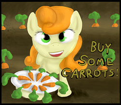 Size: 741x640 | Tagged: safe, artist:dreigun, carrot top, golden harvest, buy some apples, carrot, solo